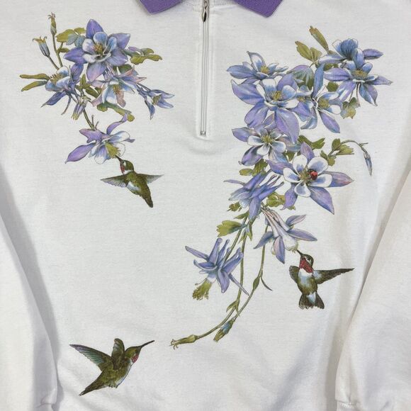 Vintage Hummingbird Sweatshirt 1/4 Zip Women's Size XXL 2XL White Purple Flower - Picture 3 of 8